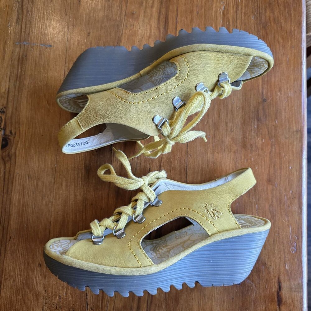 FLY London Women's 38 Ylfa Lace Up Wedge Yellow Sandals Made In Portugal - Picture 5 of 9
